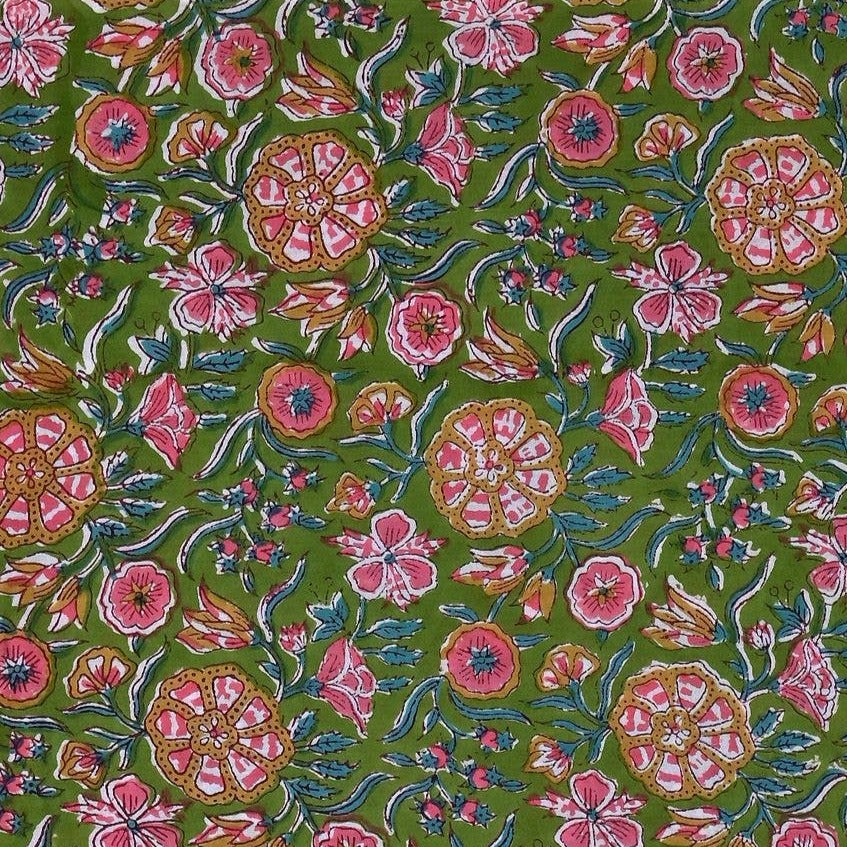 Pink Flowers - Indian Hand Block Printed Fabric