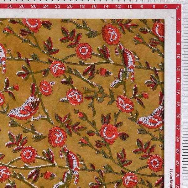 Indian Hand Block Printed Fabrics - Mustard Bird